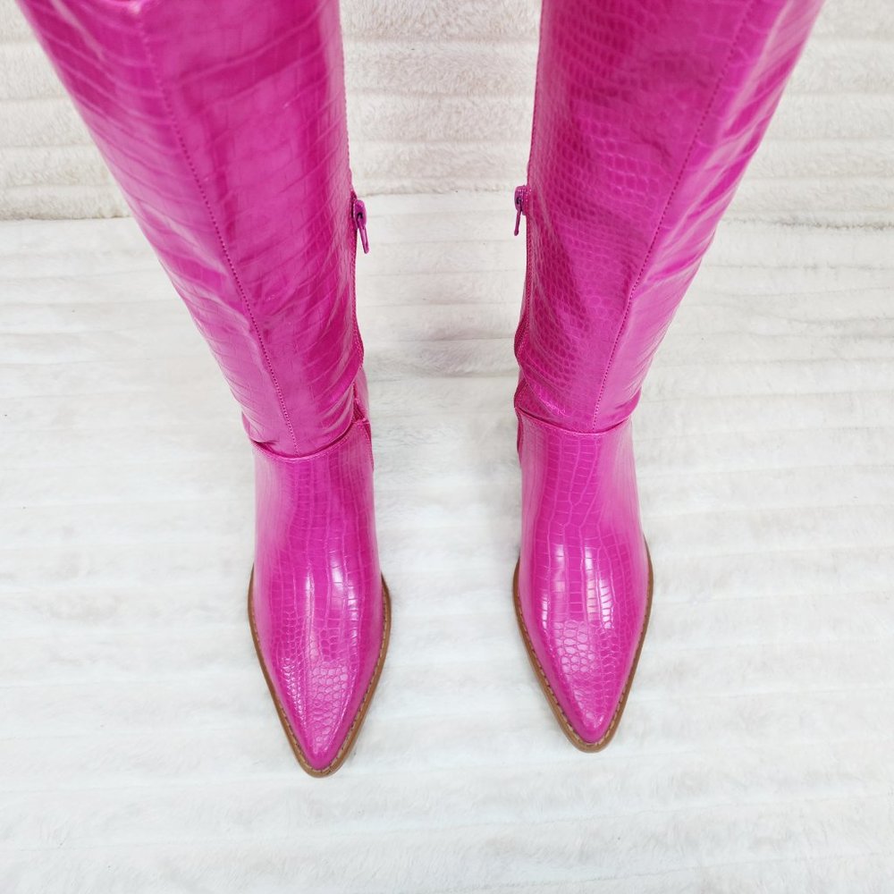 Bright Fuchsia Hot Pink 2" Country Western Heel Knee High Cowgirl Boots